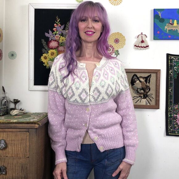 Vintage Pastel Pink Fair Isle Cardigan, 1980s Button Front Deadstock Sweater S - Picture 1 of 15